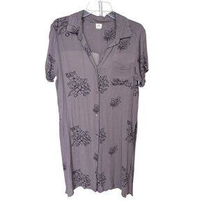 O'neill Gray & Black Floral Print Shirt Midi Dress Slit Hem Surfer Boho - MEDIUM
